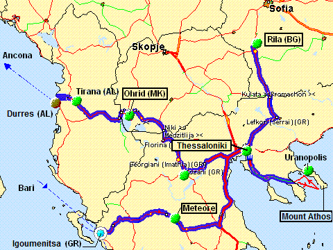 The itinerary of the travel in the south of Balkan